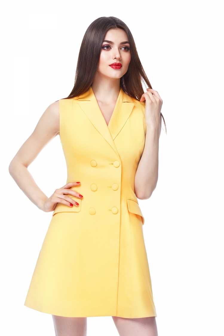 vestido de botões na frente lado a lado amarelo