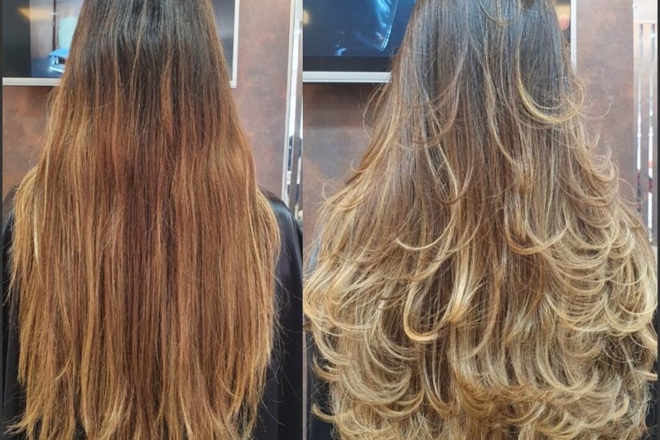 Antes e depois do corte em camadas no cabelo longo